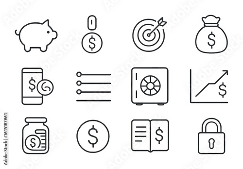 Money Saving Icons. Outline icon set of saving money habits: piggy bank, coin drop, savings goal, emergency
