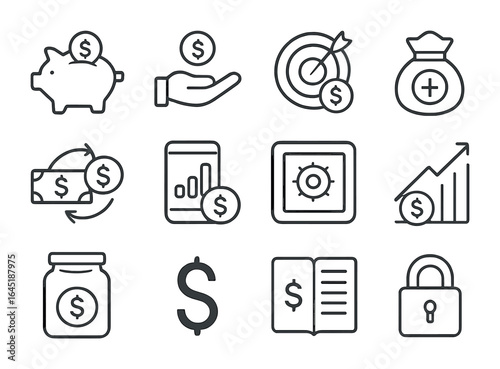Money Saving Icons. Outline icon set of saving money habits: piggy bank, coin drop, savings goal, emergency