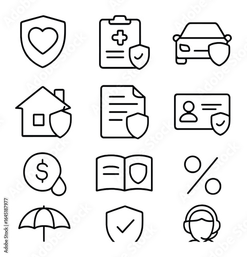 Insurance Icon Set. Outline icon set of insurance essentials: life insurance, health plan, car coverage, house
