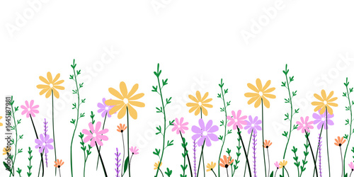 This vibrant wildflower illustration features yellow, pink, orange and purple flowers and green stems and leaves. Perfect for spring designs, greeting cards, invitations, wall art and digital artwork.