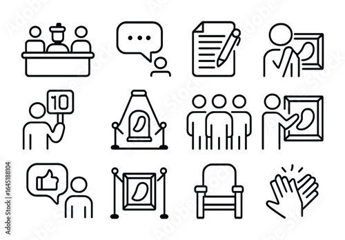 Art Critique Icon Set. Outline icon set of art critique sessions: artist panel, critique speech bubble, note