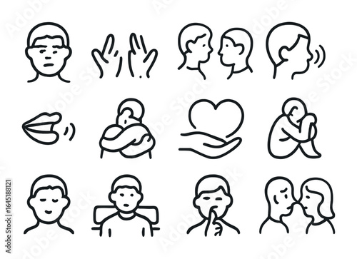 Listening and Caring Icons. Outline icon set of listening and caring: thoughtful expression, open palms, eye