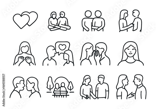 Connection Icon Set. Outline icon set of intimate connection: joined hearts, relaxed pose, side-by-side