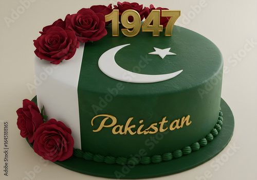 Pakistan Independence Day Cake with Flag and Roses | Patriotic Dessert with 1947 Date and Pakistan Text for August 14th Celebrations, National Holiday Events and Festive Occasions
