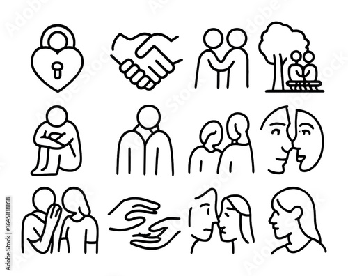 Emotional Intimacy Icons. Outline icon set of emotional intimacy: heart lock, shared trust, closeness icon,