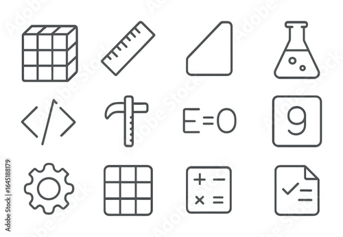STEM Learning Icons. Outline icon set of STEM learning blocks: math cube, ruler edge, angled block, science