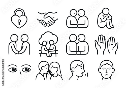 Emotional Intimacy Icons. Outline icon set of emotional intimacy: heart lock, shared trust, closeness icon,