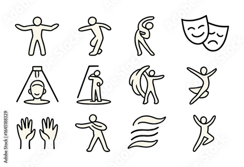 Expressive Dance Icons. Outline icon set of expressive dance forms: open arms, foot twist, dramatic posture,