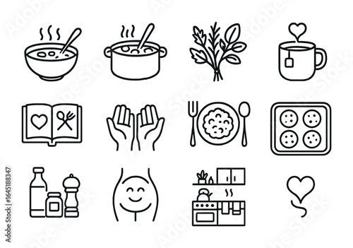 Soulful Food Icons. Outline icon set of soul-nourishing foods: homemade soup, comfort stew, fresh herbs, warm