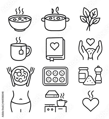 Soulful Food Icons. Outline icon set of soul-nourishing foods: homemade soup, comfort stew, fresh herbs, warm