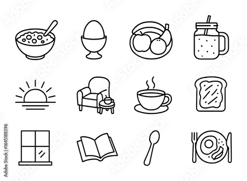 Soulful Breakfast Icons. Outline icon set of soulful breakfasts: oatmeal bowl, boiled egg, fruit plate,