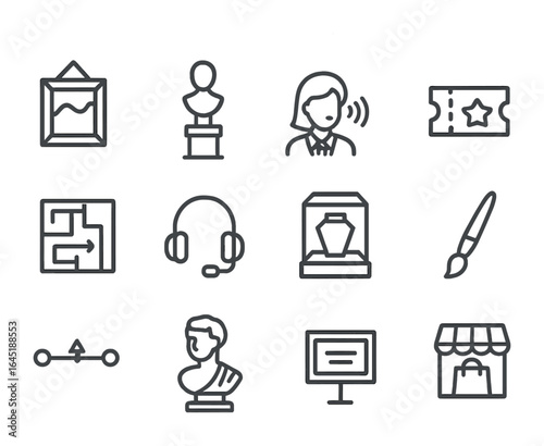 Museum Visit Icons. Outline icon set of museum and gallery visits: exhibit frame, sculpture pedestal, tour