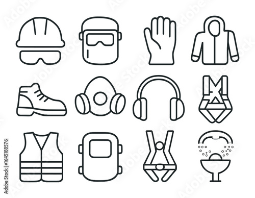 PPE Icon Set. Outline icon set of personal protection equipment: safety helmet, goggles icon, face shield,