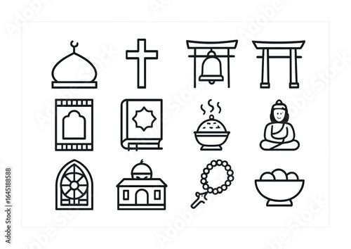 Religious Icons Grid. Outline icon set of religious heritage sites: mosque dome, church cross, temple bell,