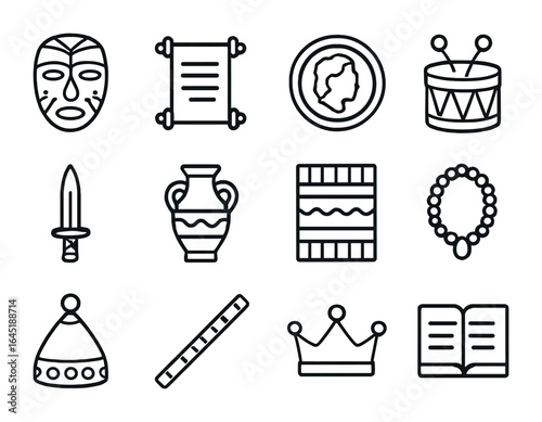 Cultural Artifact Icons. Outline icon set of cultural artifacts and symbols: tribal mask, scroll icon, coin