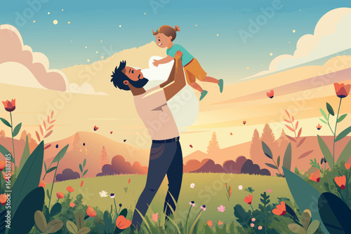 A father holding his child in a field of flowers, sharing a loving moment
