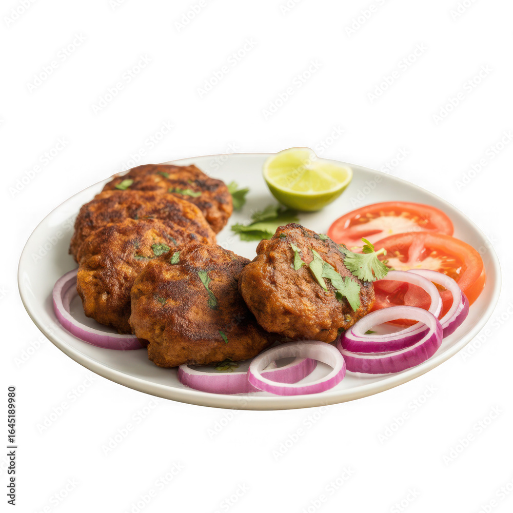 Chapli kebab with sliced onions and tomatoes Isolated on white and transparent background Chapli kebab with sliced onions and tomatoes Isolated on white and transparent background