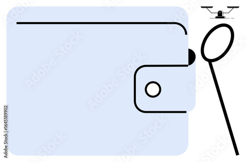 Large wallet with snap closure, focused magnifying glass, and drone carrying package. Ideal for finance, e-commerce, innovation, delivery, logistics technology search concepts. Simple flat metaphor