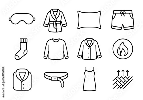 Sleepwear Icon Set. Outline icon set of sleep and rest fashion: eye mask, plush robe, silk pillowcase, pajama
