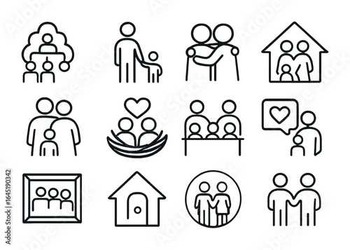 Family Support Icons. Outline icon set of family as support: family tree, parental figure, child holding hand,