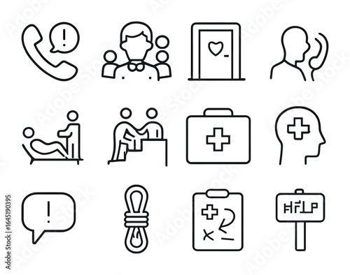 Crisis Support Icons. Outline icon set of crisis support systems: emergency hotline, counselor icon, safe