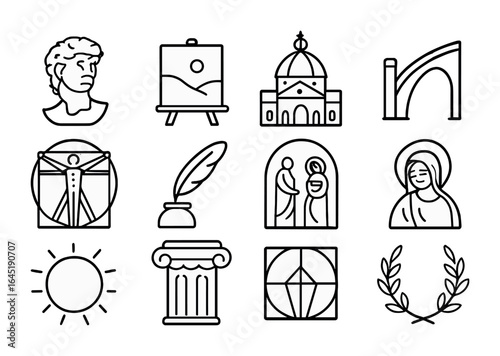 Renaissance Art Icon Set. Outline icon set of Renaissance art: marble bust, oil canvas, domed church, flying