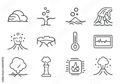 Underwater Volcano Icon Set. Outline icon set of underwater volcanic activity: lava pillow, steam vent, magma
