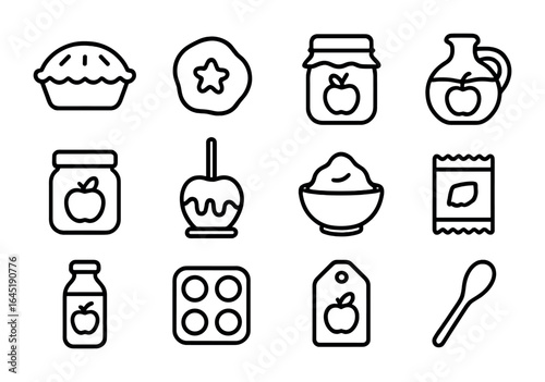 Apple Product Icons. Outline icon set of apple-based products: apple pie, dried apple, apple jam, cider jug,