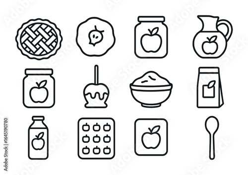 Apple Product Icons. Outline icon set of apple-based products: apple pie, dried apple, apple jam, cider jug,