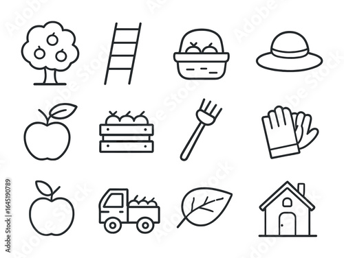 Apple Harvest Outline Icons. Outline icon set of picking apples: orchard tree, ladder, apple basket, sun hat,