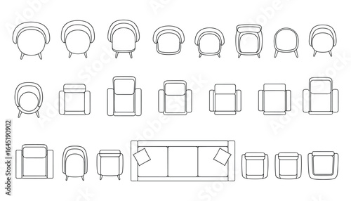 Furniture Set Top View, Round, Square, Armchair, Sofa, Different Designs, Architectural Plan, Outline Style, Black and White Vector Illustration