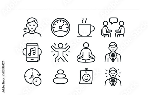Stress Management Icons. Outline icon set of managing stress in leadership: breathing icon, stress meter,