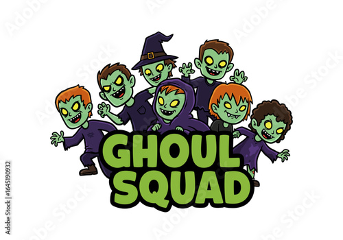Cartoon Ghoul Squad Illustration with Green Skin and Glowing Yellow Eyes