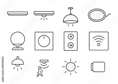 Minimalist Lighting Icons. Outline icon set of minimalist home lighting: clean lines, low-profile LED,