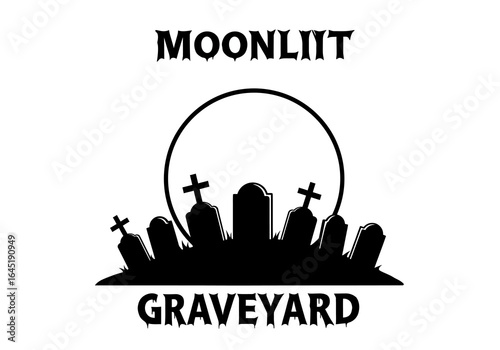 Moonlit Graveyard Silhouette with Tombstones and Full Moon
