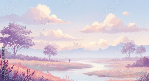 Scenic River Landscape with Person Amidst Field and Trees