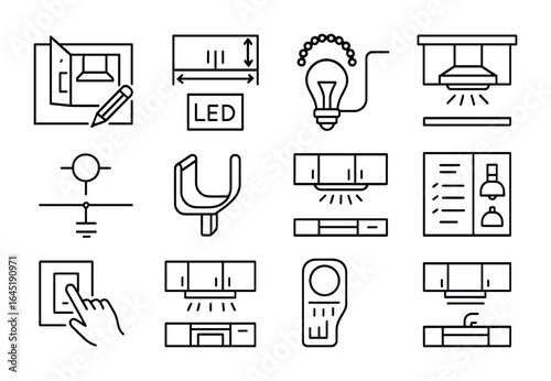 Kitchen Lighting Icons. Outline icon set of kitchen renovation lighting: planning layout, cabinet dimensions,
