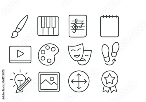 Arts Education Icons. Outline icon set of arts education apps: paintbrush, piano keys, music sheet, sketchpad,