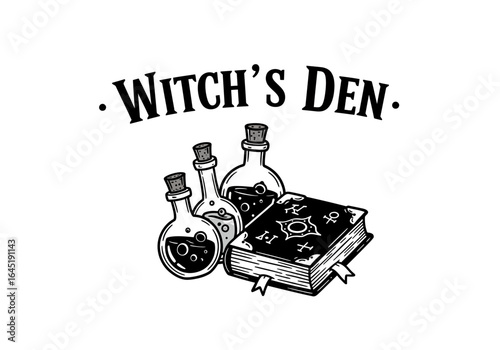 Witch's Den Illustration with Potions and Spellbook