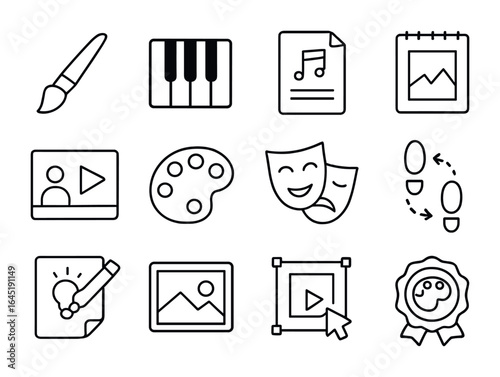 Arts Education Icons. Outline icon set of arts education apps: paintbrush, piano keys, music sheet, sketchpad,