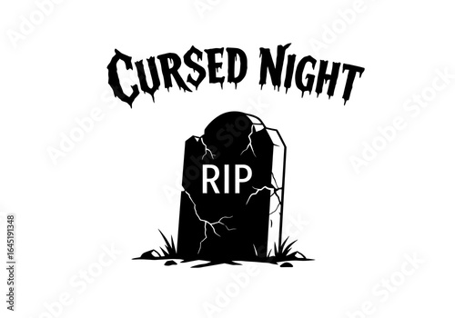 Cracked Tombstone with RIP Inscription and Cursed Night Text Above