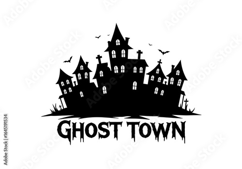 Spooky Ghost Town Silhouette with Haunted Houses and Bats