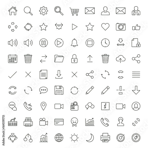 Collection of thin line icons representing various business and technology concepts on a black background