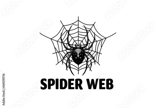 Black Widow Spider on Web, Vector Illustration