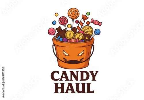 Halloween Candy Bucket Filled with Lollipops, Chocolate, and Wrapped Sweets