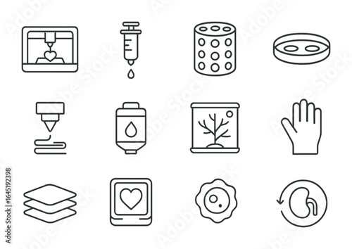 Biofabrication Icons Set. Outline icon set of biofabrication: bioprinter, hydrogel syringe, cell scaffold,