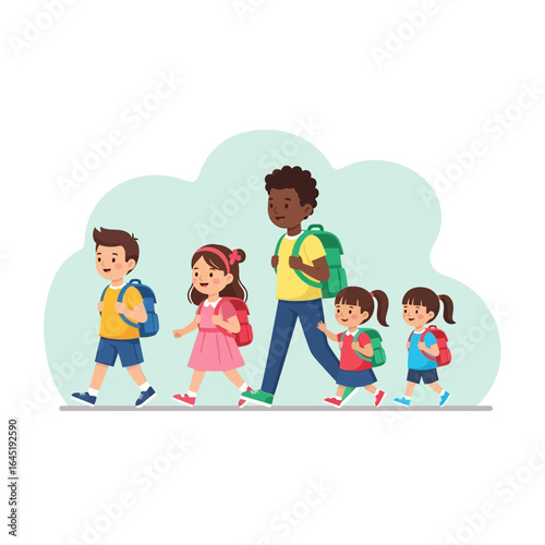 A teacher or guardian leading a group of diverse young students with backpacks, walking together in a line.