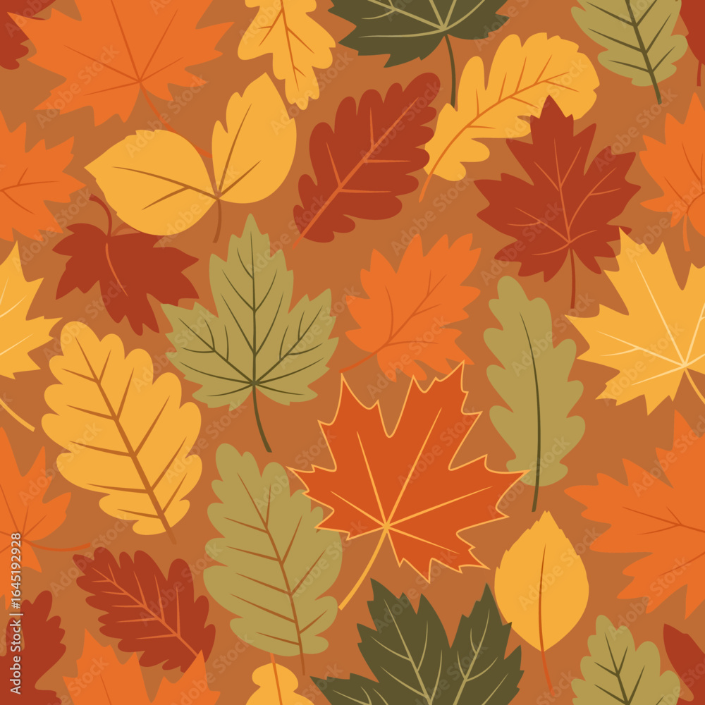 Fototapeta premium A seamless pattern of autumn leaves in various colors including red, orange, yellow, and green, set against a warm brown background.