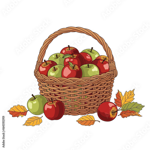 A wicker basket overflowing with red and green apples, surrounded by autumn leaves.