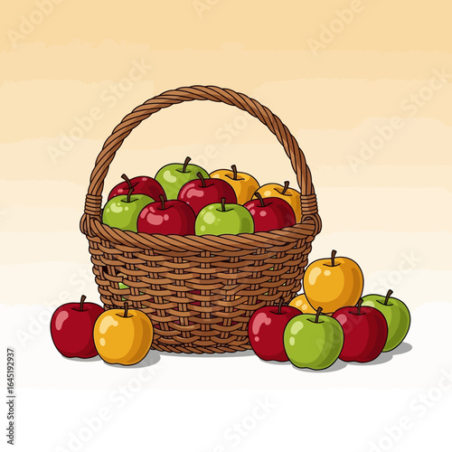 A wicker basket overflowing with various colored apples, red, green, and yellow, sits on a light background.